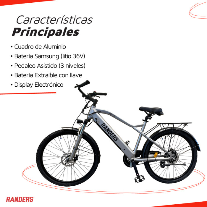 Bicicleta Eléctrica Rodado 26 Aluminio Plateada - Randers Bicicleta Eléctrica Rodado 26 Aluminio Plateada - Randers