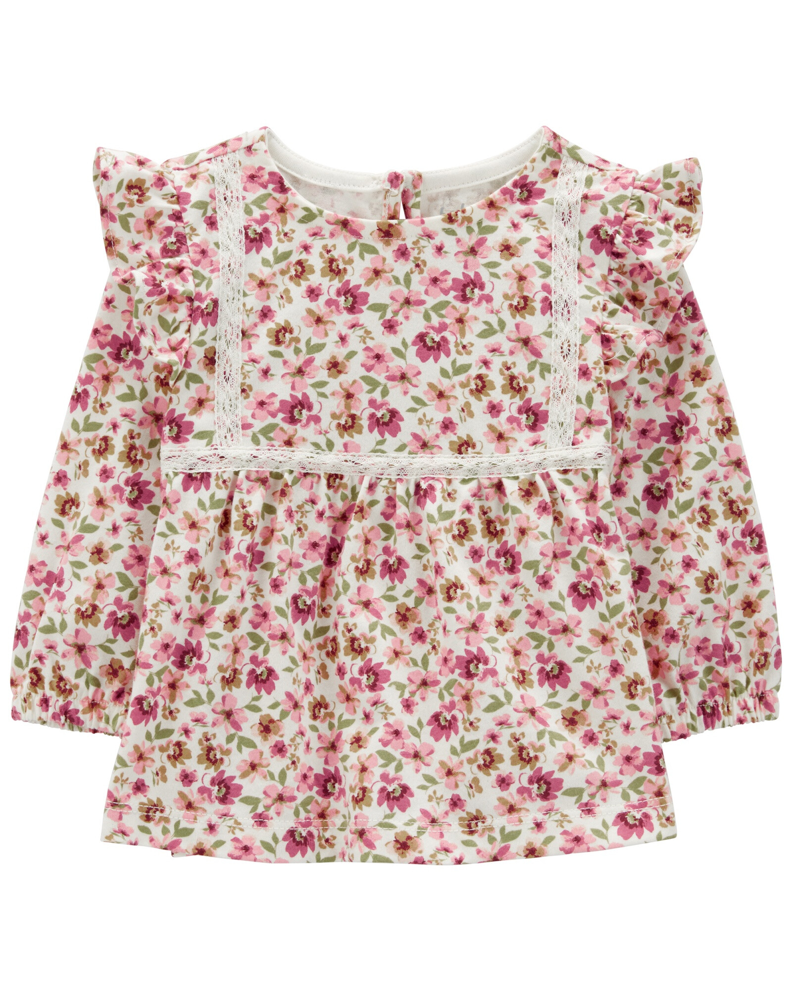 Blusa de algodón, con volado y ribete, diseño floral Blusa de algodón, con volado y ribete, diseño floral