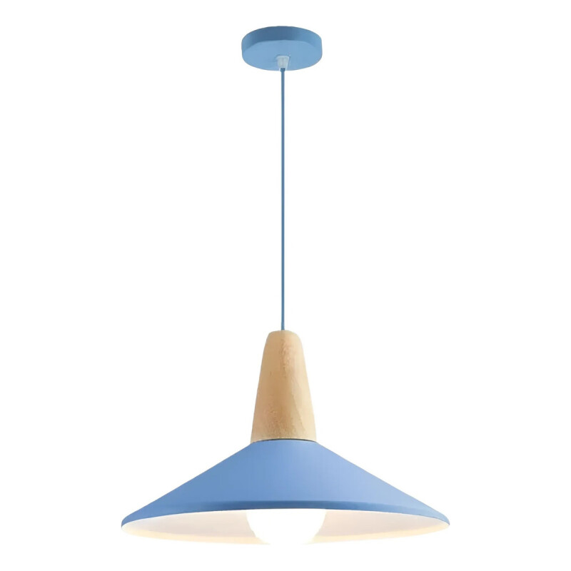 Lampara Colgante Metal Nordica Plato Deco Simil Madera Led Azul