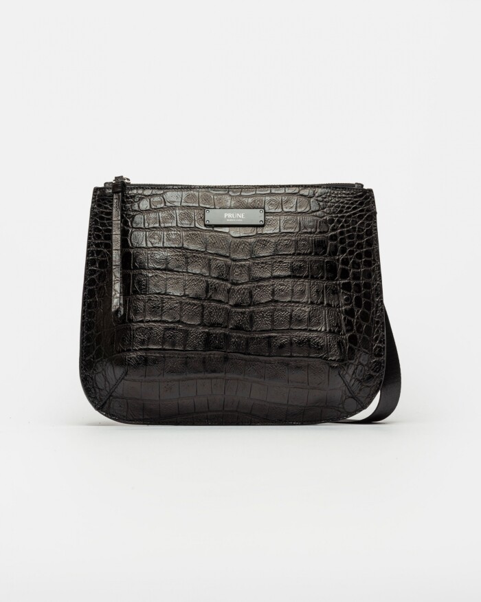 Bandolera Mia En Cuero Grabado Croco Negro