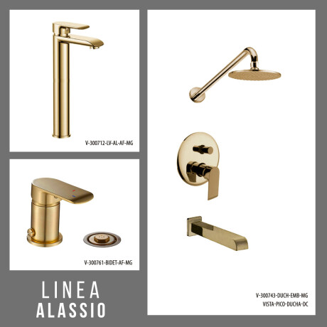 JUEGO DE GRIFERIA COMPLETO. INCLUYE DUCHA EMBUTIDA, VISTA, LAVATORIO ALTO Y BIDET ORO SEMI MATE AQUALIA DORADO-BRUSHED GOLD