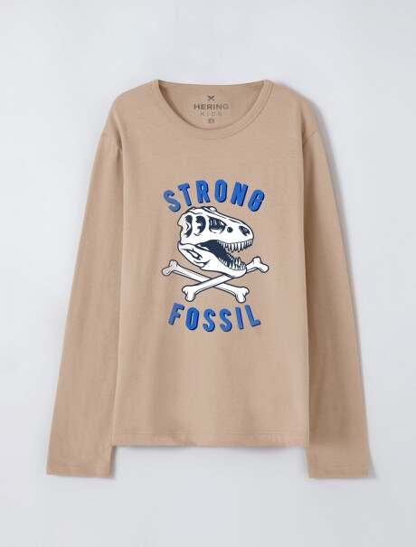 CAMISETA DE NIÑO MANGA LARGA ESTAMPADA BEIGE