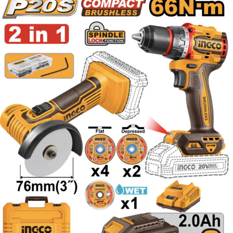 KIT A BATERIA INGCO P20S 20V MINI AMOLADORA 3" MULTIFUNCION + TALADRO ATORNILLADOR 66NM + 2BAT, CARGADOR, VALIJA Y ACCESORIOS KIT A BATERIA INGCO P20S 20V MINI AMOLADORA 3" MULTIFUNCION + TALADRO ATORNILLADOR 66NM + 2BAT, CARGADOR, VALIJA Y ACCESORIOS