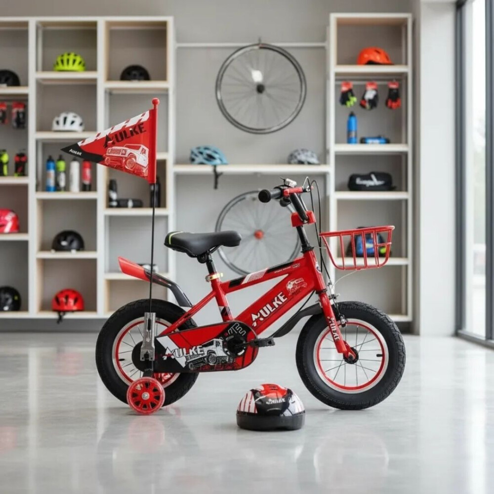 Bicicleta Rodado 12 Con Banderita, Rueditas Y Casco ROJO