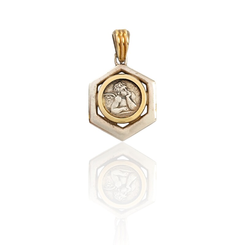 Dije Medalla Ángel de la guarda Hexagonal-Plata y oro- Sin piedra- CP5020 Sinpiedra
