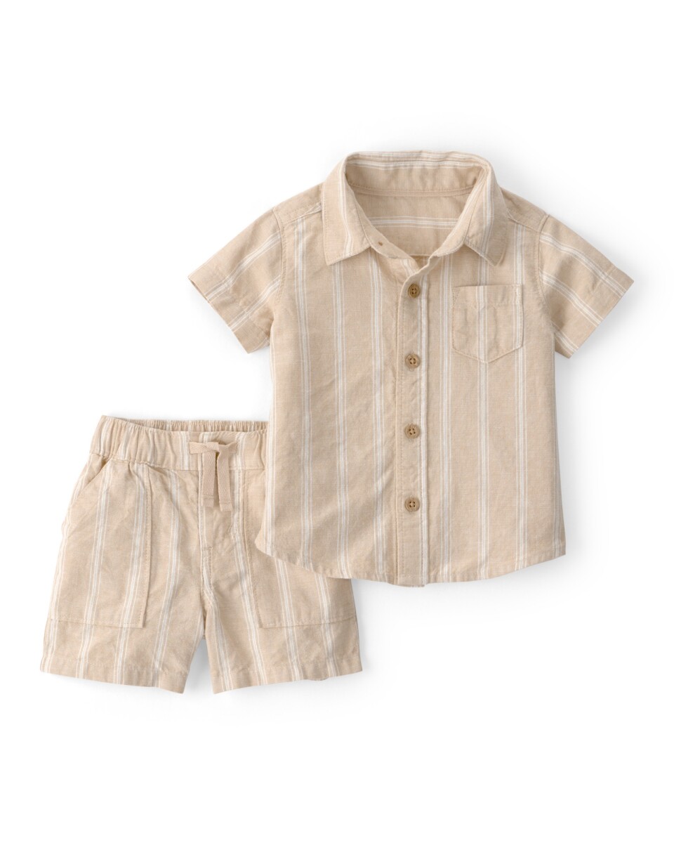 Set dos piezas de lino, short y camisa, beige, diseño a rayas 