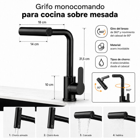 Grifo Monocomando Giratoria 4 Chorros Para Cocina Negro