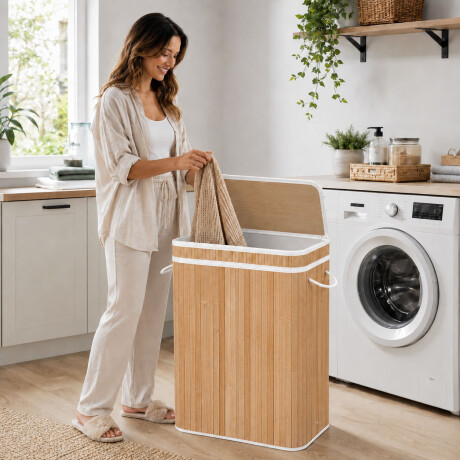 Canasto Cesto Ropa Plegable Bambú Con Tapa Practica Blanco