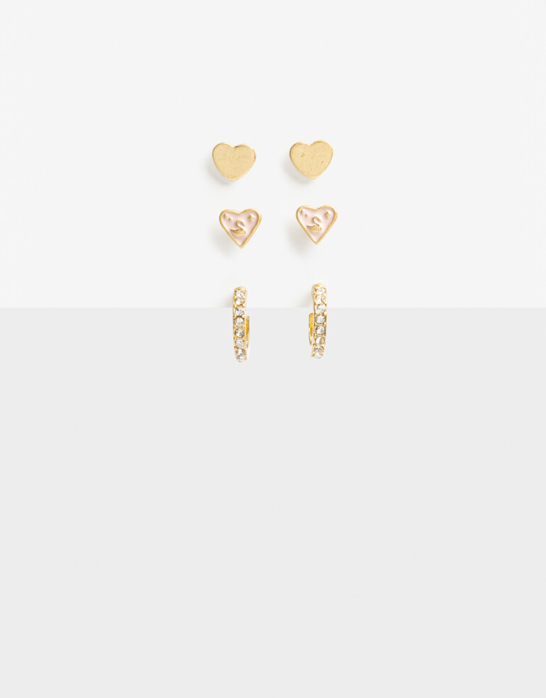 Aros Sets Metal Aros Sets De 3 Pares Corazón Y Strass - Dorado Oro Amarillo
