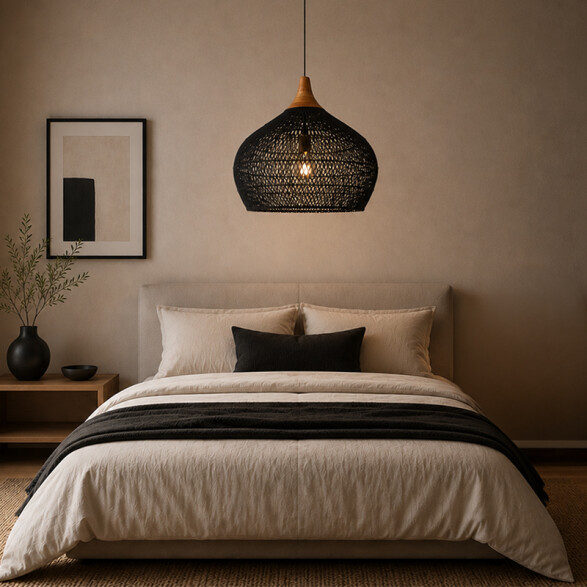 Lámpara colg. campana ratán negro E27 Ø600x450mm IX9546
