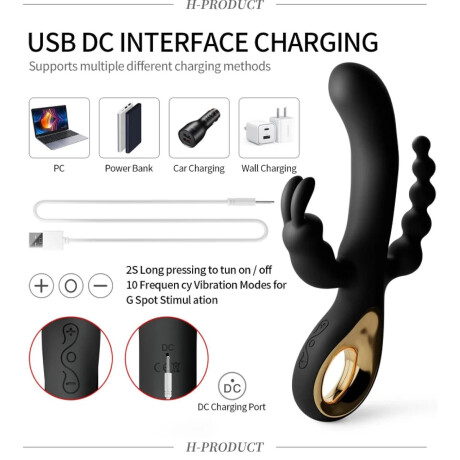 Vibrador Triple Estimulación Vagina Clítoris y Ano USB Vibrador Triple Estimulación Vagina Clítoris y Ano USB