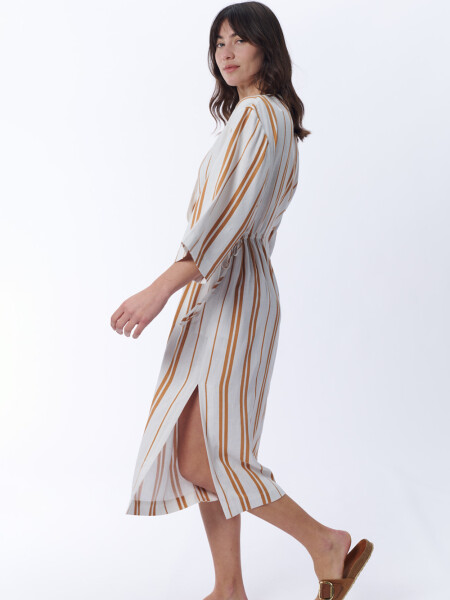 Vestido camisero rayado Blanco Y Camel