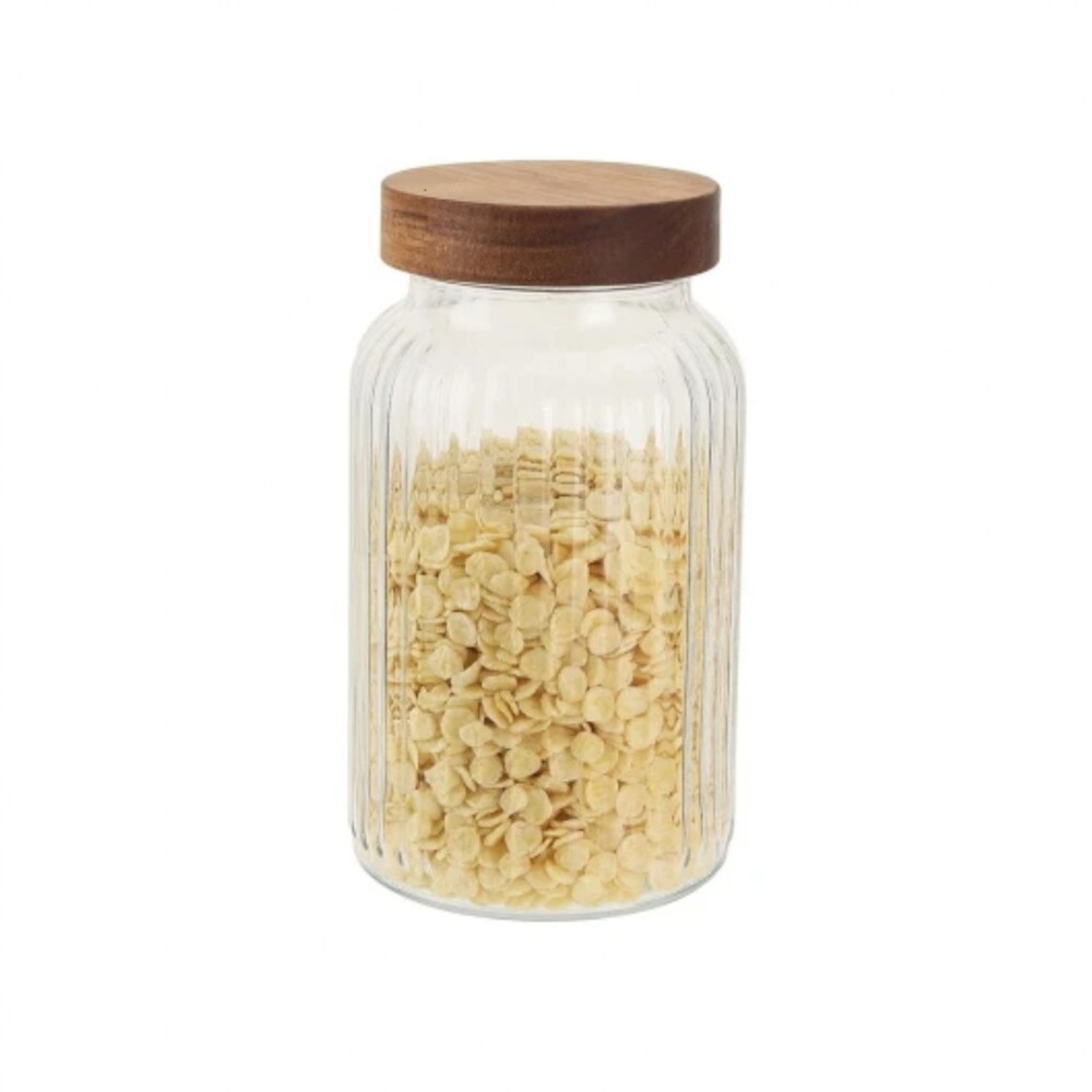 Recipiente vidrio labrado - Tapa de Madera 1.2L Recipiente vidrio labrado - Tapa de Madera 1.2L