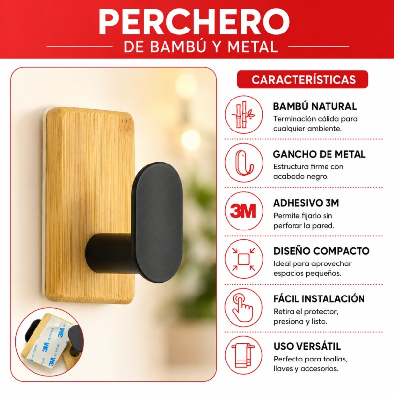 Percheros de pared adhesivos NATURAL Y NEGRO