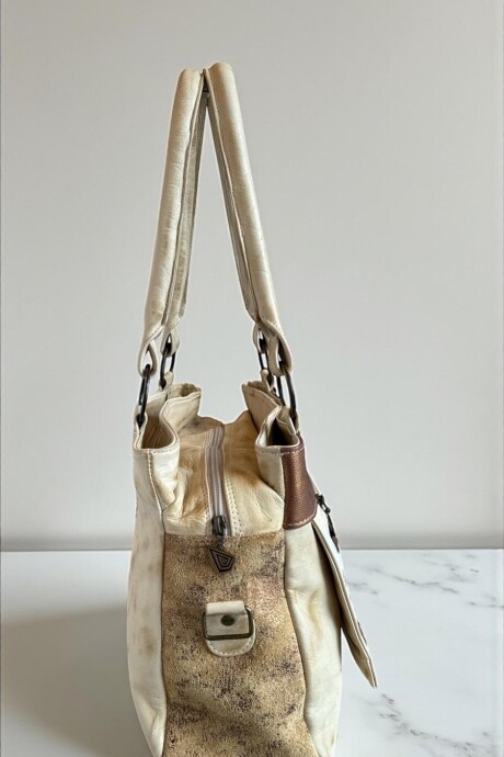 Cartera De Cuero Modelo VITALIA Con Arte Pintado A Mano Color Natu Con Jaspeado Cobre