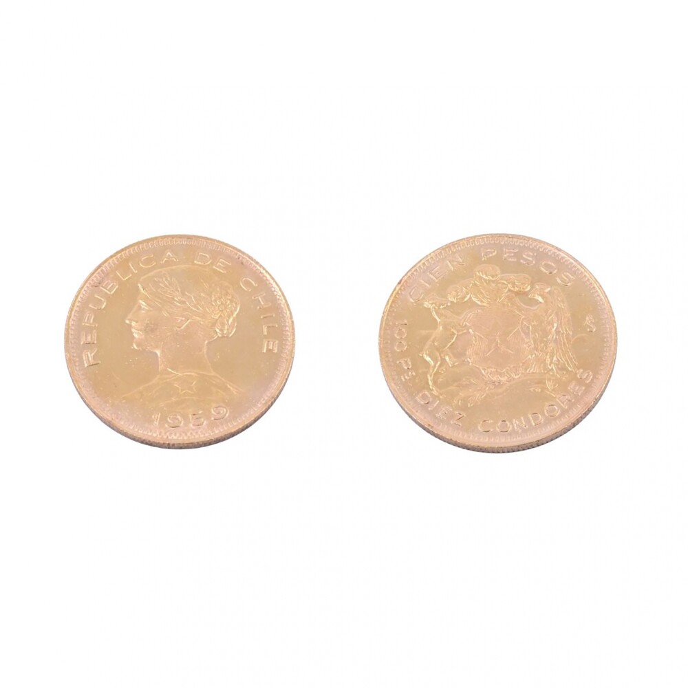Moneda de oro República de Chile 100 pesos año 1959. Moneda de oro República de Chile 100 pesos año 1959.