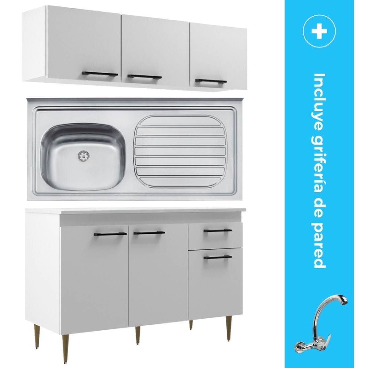 Kit de Cocina Bajo Mesada Pileta Izquierda Mueble Aéreo 3 Puertas y Grifería de Pared Pico Alto 