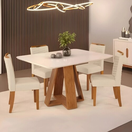 Juego De Comedor - 4 Sillas + Mesa Tapa De Vidrio - Celeste Beige / Beige