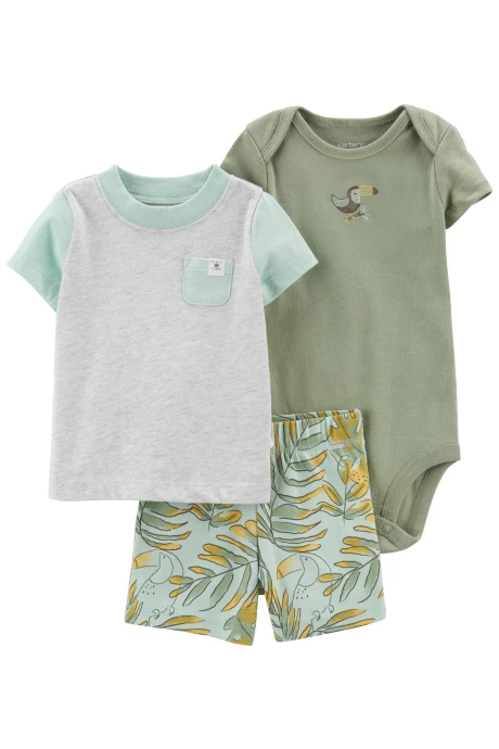 Set tres piezas short, remera y body de algodón diseño tucán Set tres piezas short, remera y body de algodón diseño tucán