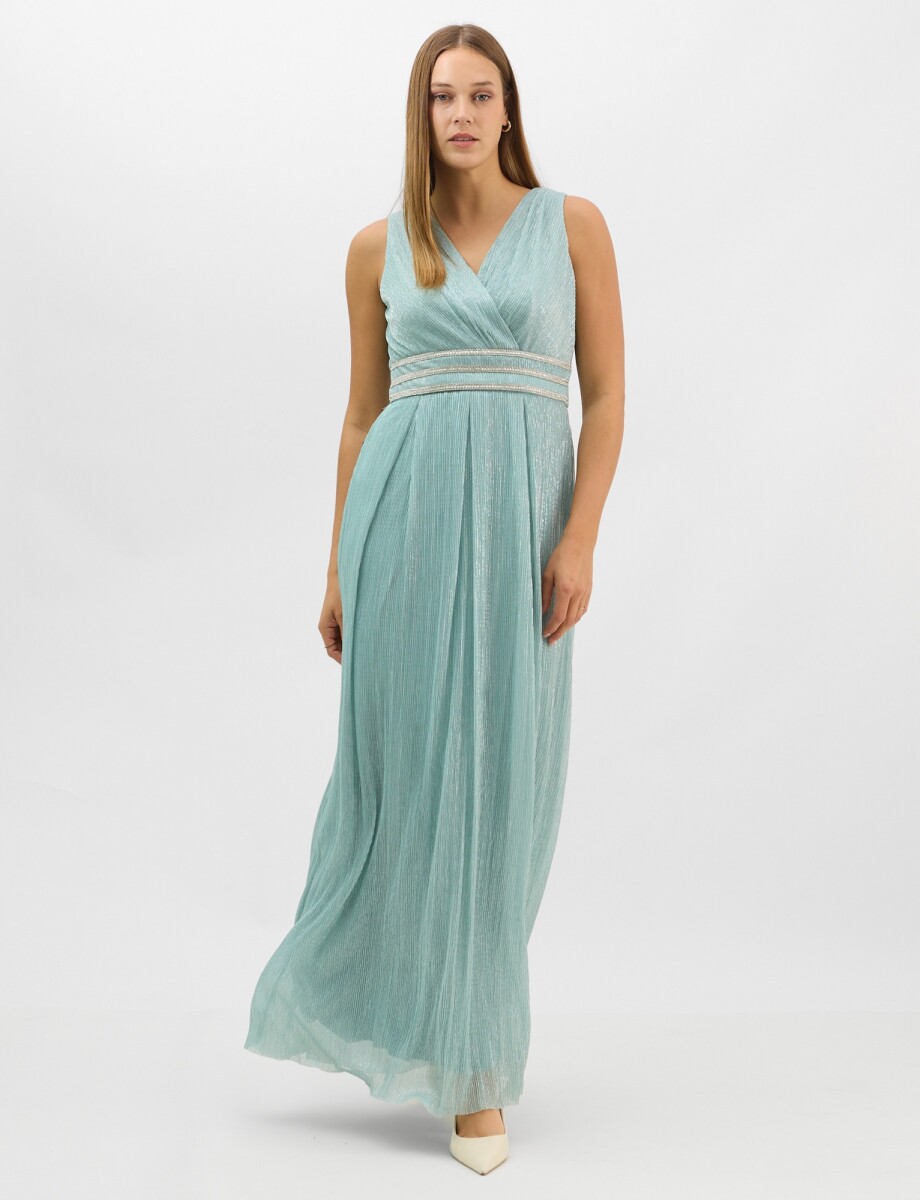 Vestido Gasa Con Lurex Y Cintura De Strass - Verde Agua 