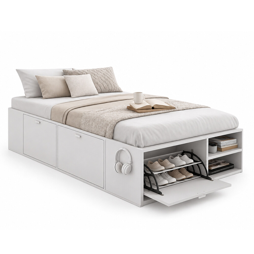 Cama 1 plaza con zapatera y cajones blanco