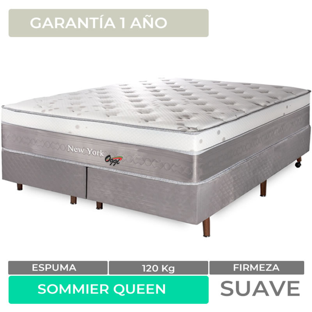 Conjunto Sommier New York Base Dividida y Colchón Queen Espuma, EPS y Muelles Ensacados 120 Kg 