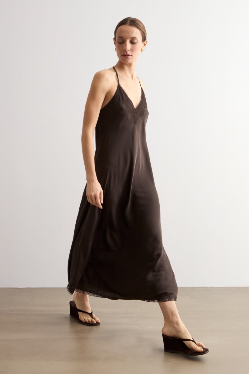 Vestido satén con encaje - chocolate 