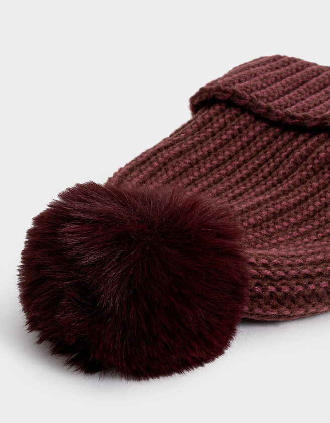 Gorro Romántico Gorro Tejido Con Pompón - Rojo Burdeaux