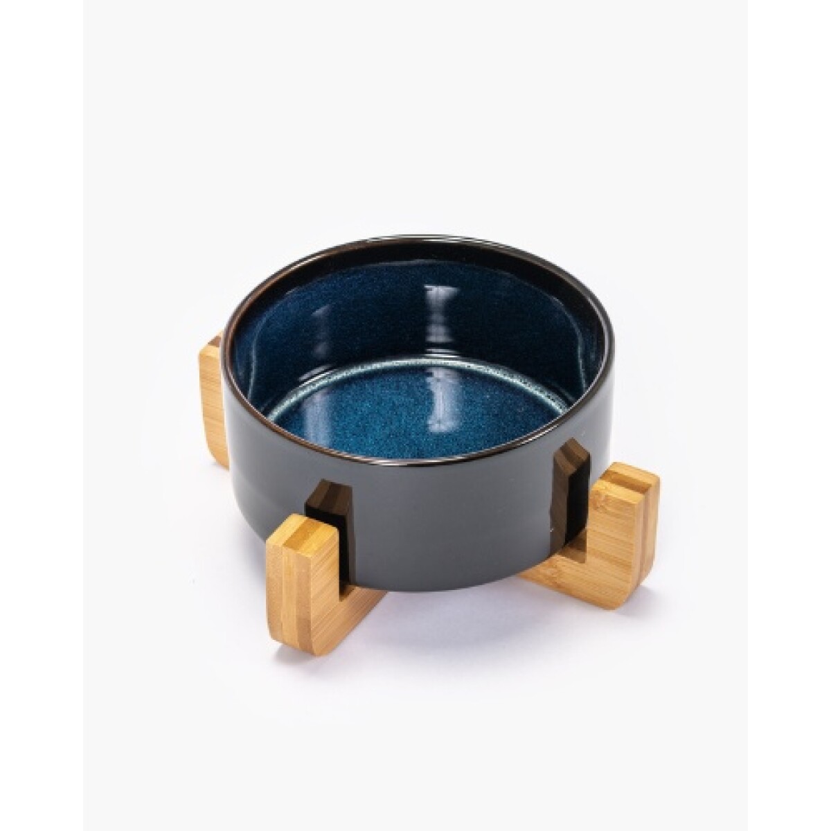 Comedero cerámica y bambú 19cm. Diseño negro con azul. - Comedero Cerámica Y Bambú 19cm. Diseño Negro Con Azul. 