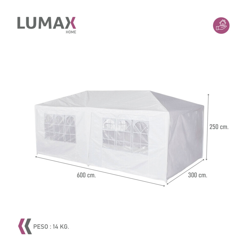 Gazebo Lumax Liviano Desarmable Paredes, Para Eventos 6x3 mts Blanco