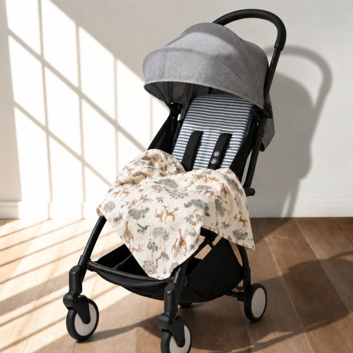 Set Carrito y Paseo - Muselina Chica - Rayas Azul + Savanna 