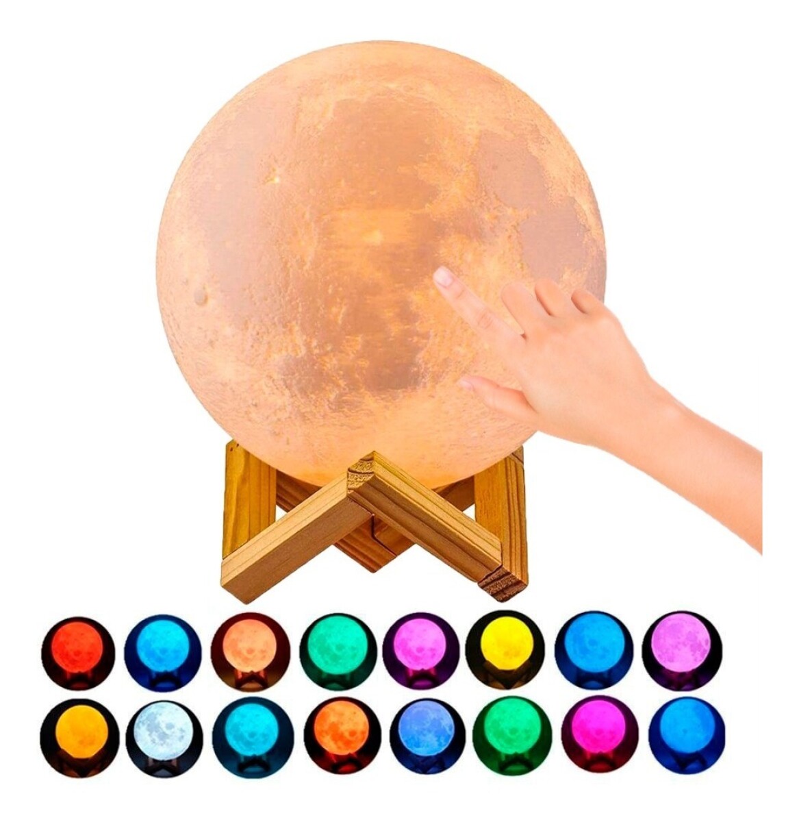 Lámpara Veladora Luna Con Base Madera 18cms Luces Rgb Táctil 