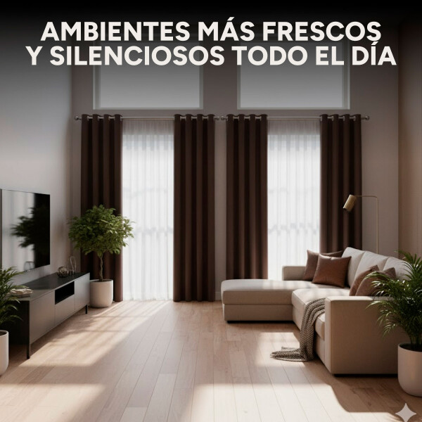 Cortina Blackout 100% Engomada Termica Set 2 Paños Tipo Lino Color Marrón Café