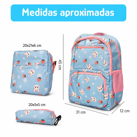 Set Mochila 3 Piezas Diseño Frutillitas Escolar Resistente Celeste