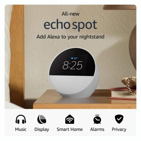 AMAZON ECHO SPOT 2024 SMART ALARM CLOCK WITH ALEXA Asistente Virtual AMAZON ECHO SPOT Smart Alarm Clock Con Alexa - White