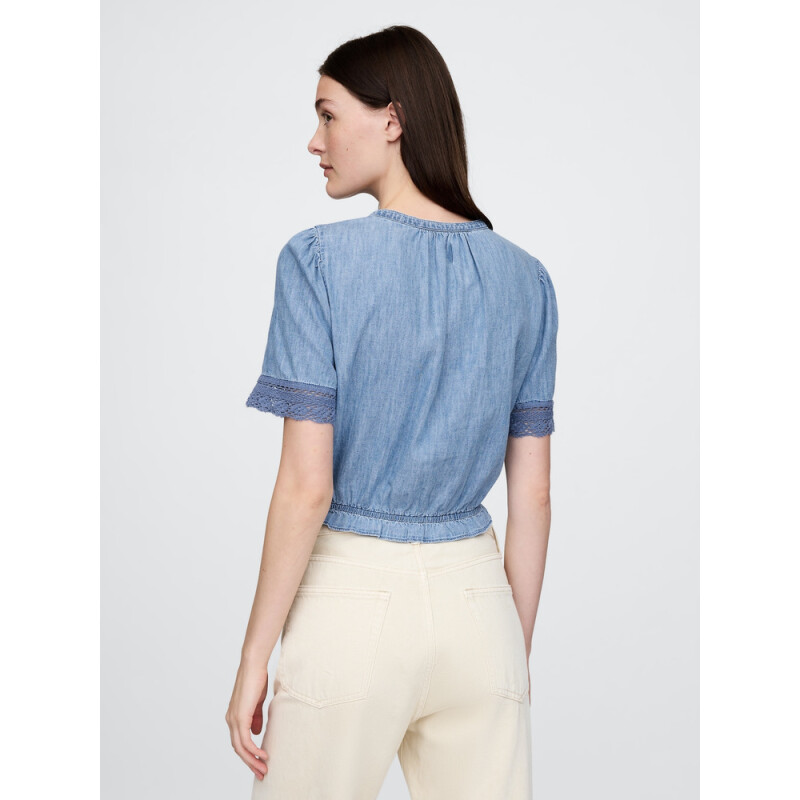 SS LACE INSERT FASHION SHIRT - DENIM LIGHT WASH