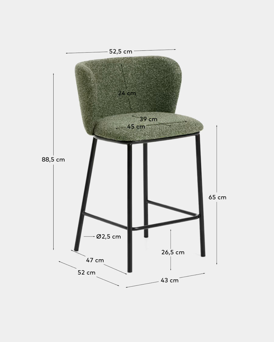 Taburete Ciselia de chenilla gruesa verde oscuro y patas de acero acabado negro FSC Mix Credit 65 cm.