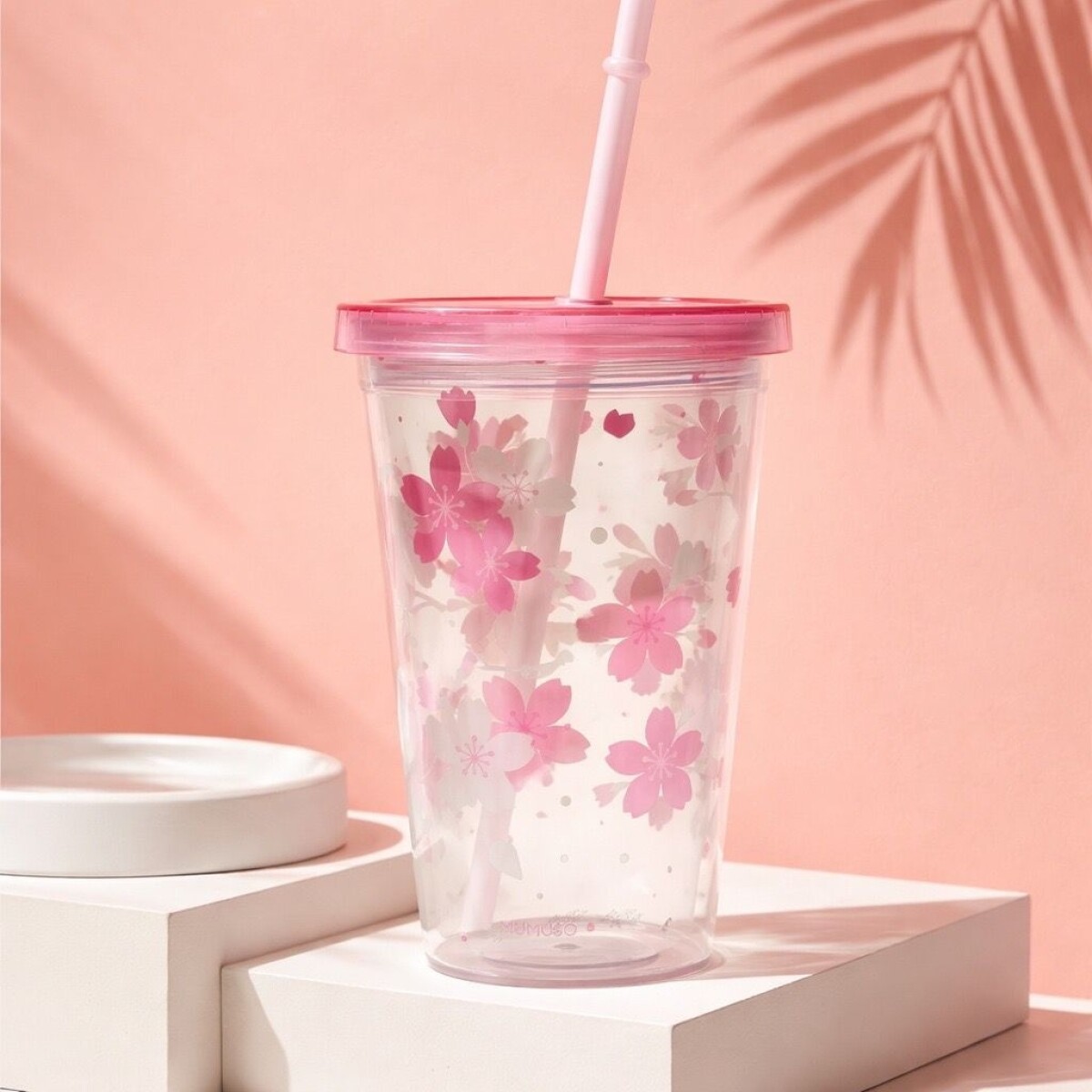 VASO DE PLÁSTICO CON SORBITO (COLECCIÓN CHERRY BLOSSOM/ROSA/450 ML) 