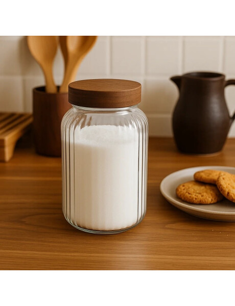 RECIPIENTE VIDRIO LABRADO C/TAPA MADERA 1200ML 11X11X20CM RECIPIENTE VIDRIO LABRADO C/TAPA MADERA 1200ML 11X11X20CM
