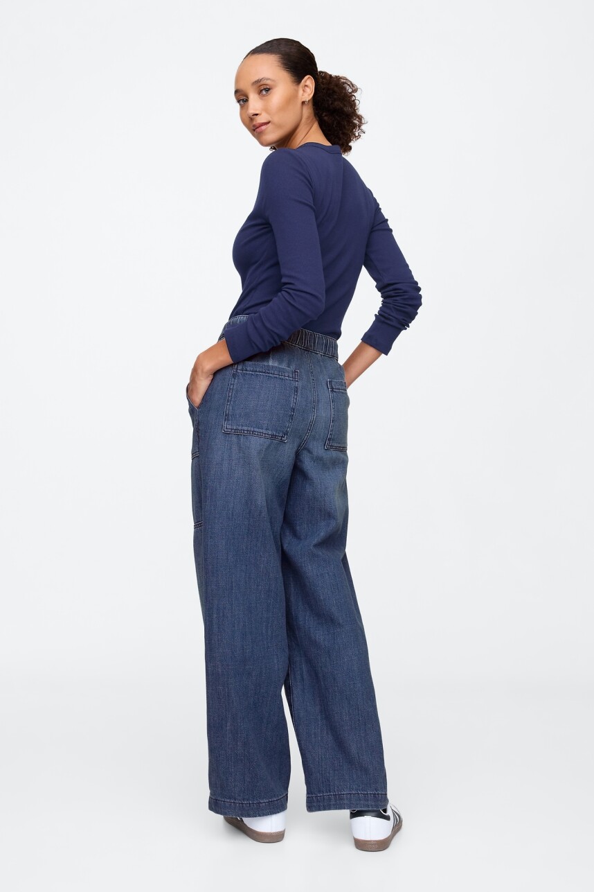 Jean Wide Leg Pull On Mujer Dark Wash Indigo