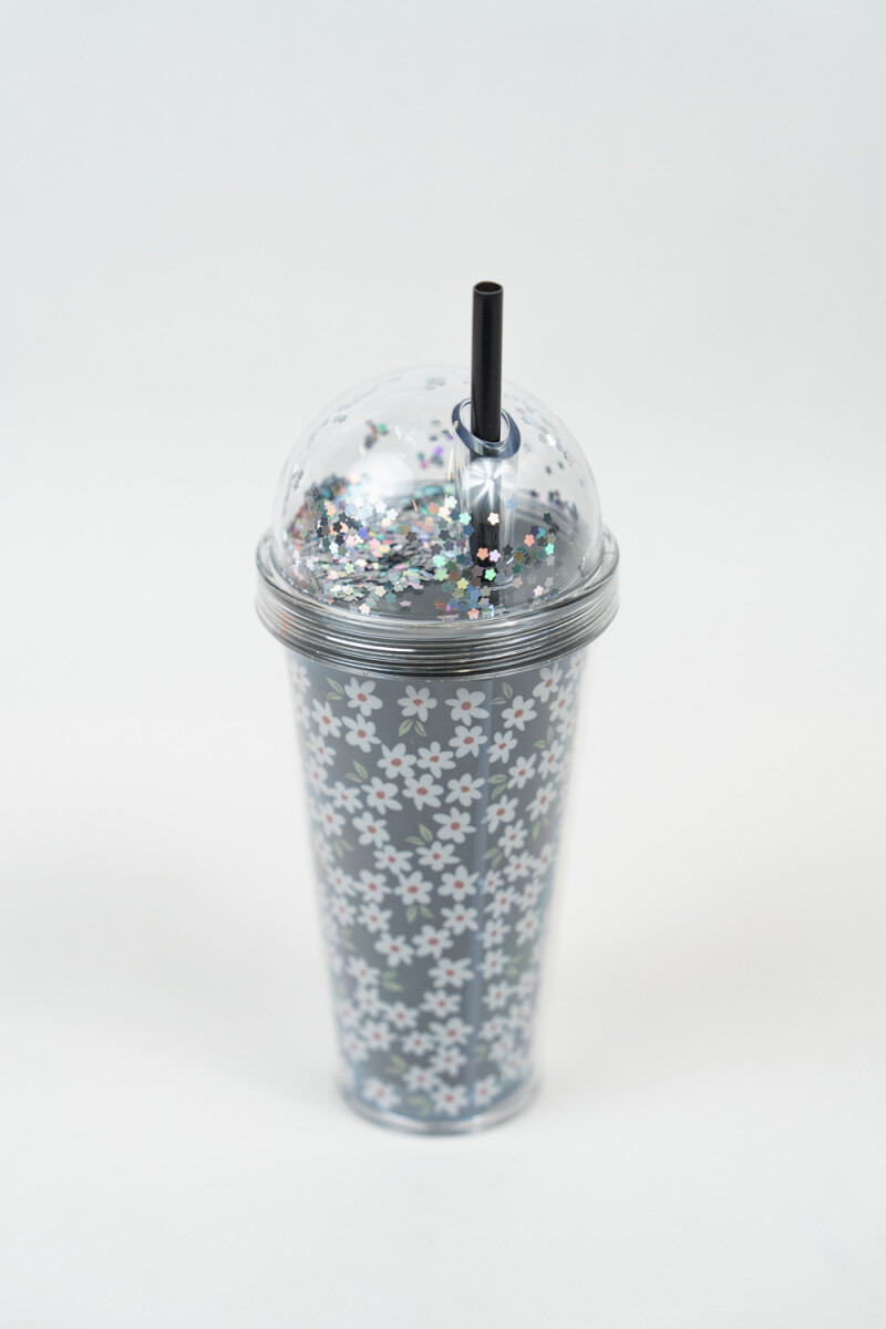Vaso Con Tapa + Sorbito Glitter - Negro 