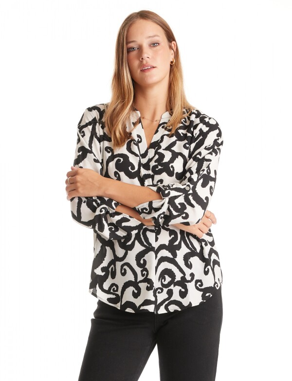 Blusa Escote V Print BLANCO/NEGRO