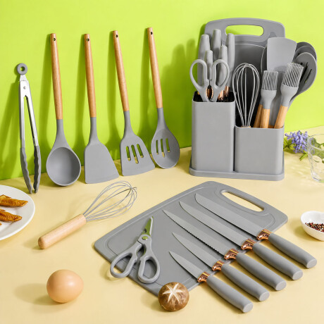 Set Cocina Menage 19Pz Utensillos Cuchillos Tabla c/Soporte Gris