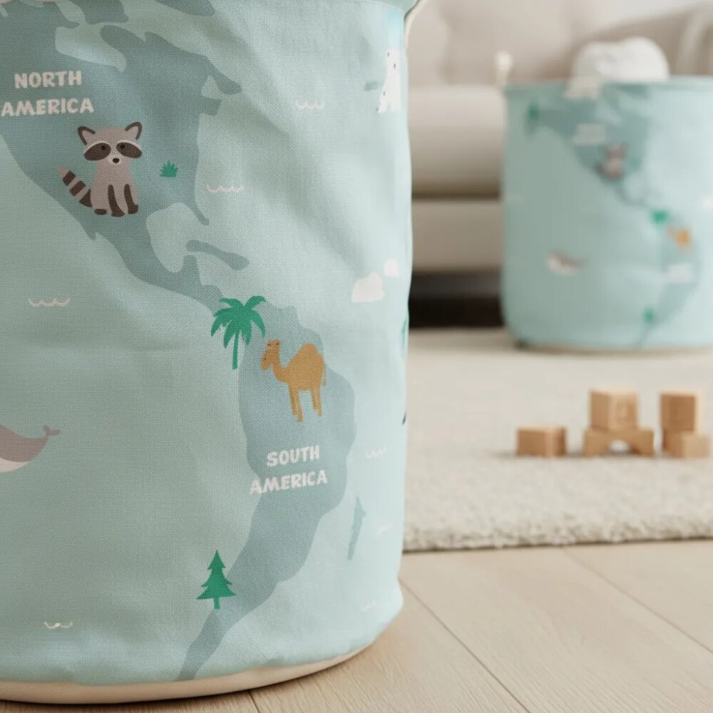 Cesto tela organizador mapa animales celeste