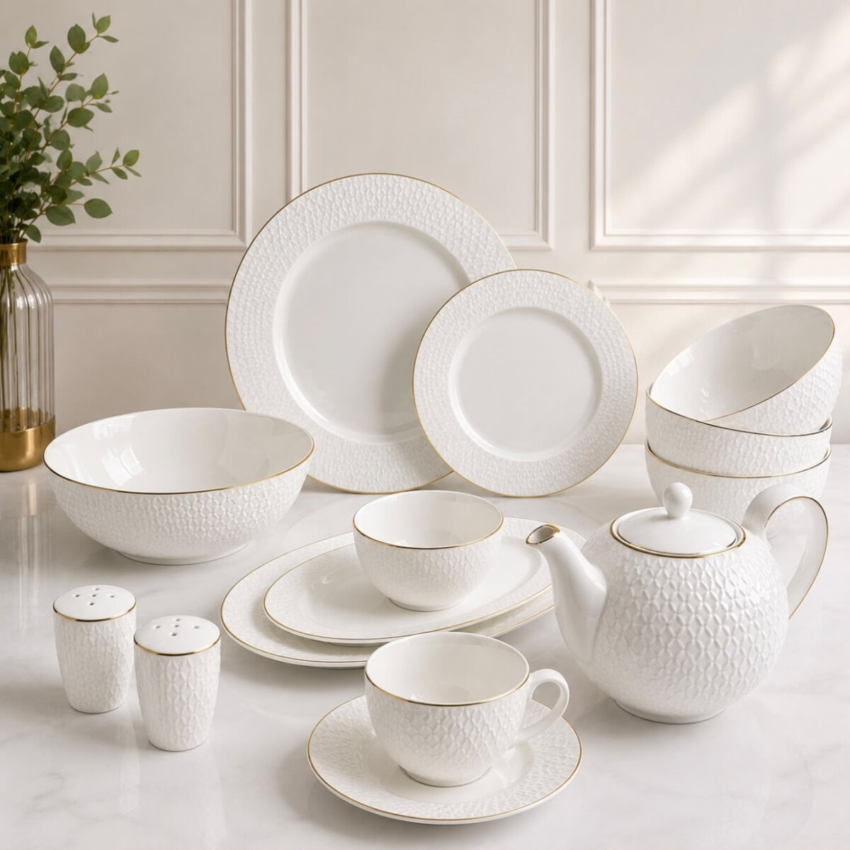 Vajilla Versailles de Porcelana 42 Piezas Blanco con Borde Dorado 