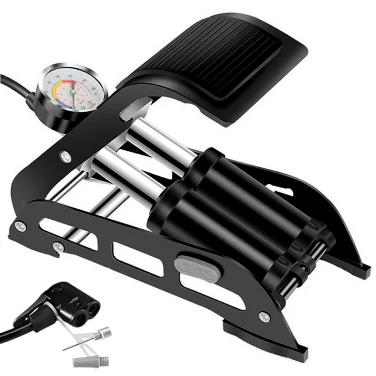 HERRAMIENTAS - INFLADOR PIE DOBLE PISTON C/ MANOMETRO - 