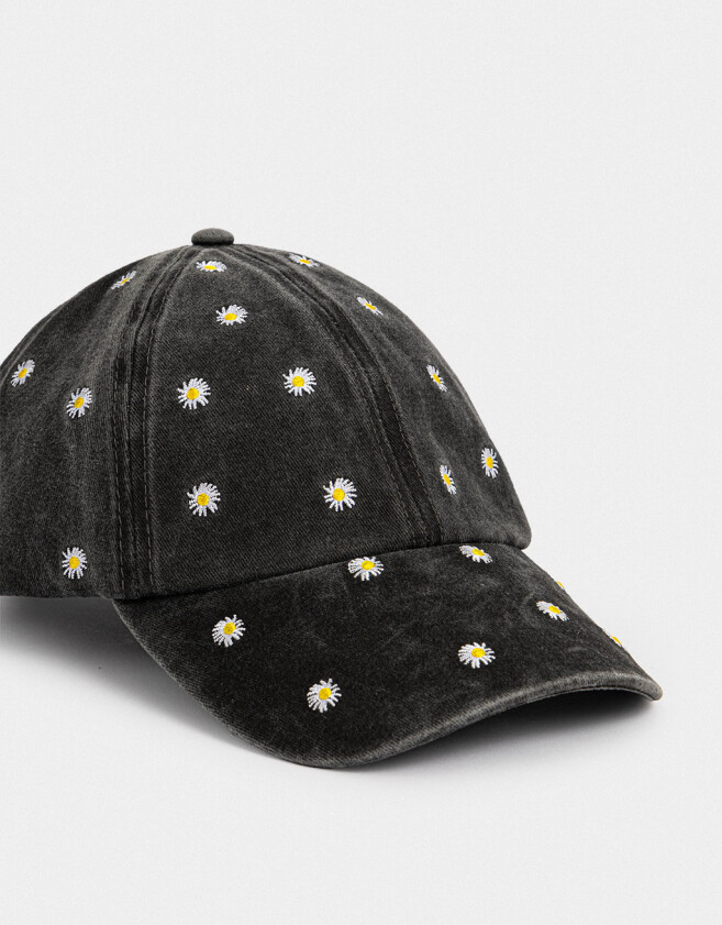 Caps Denim Gorra Bordada Margaritas - Negro