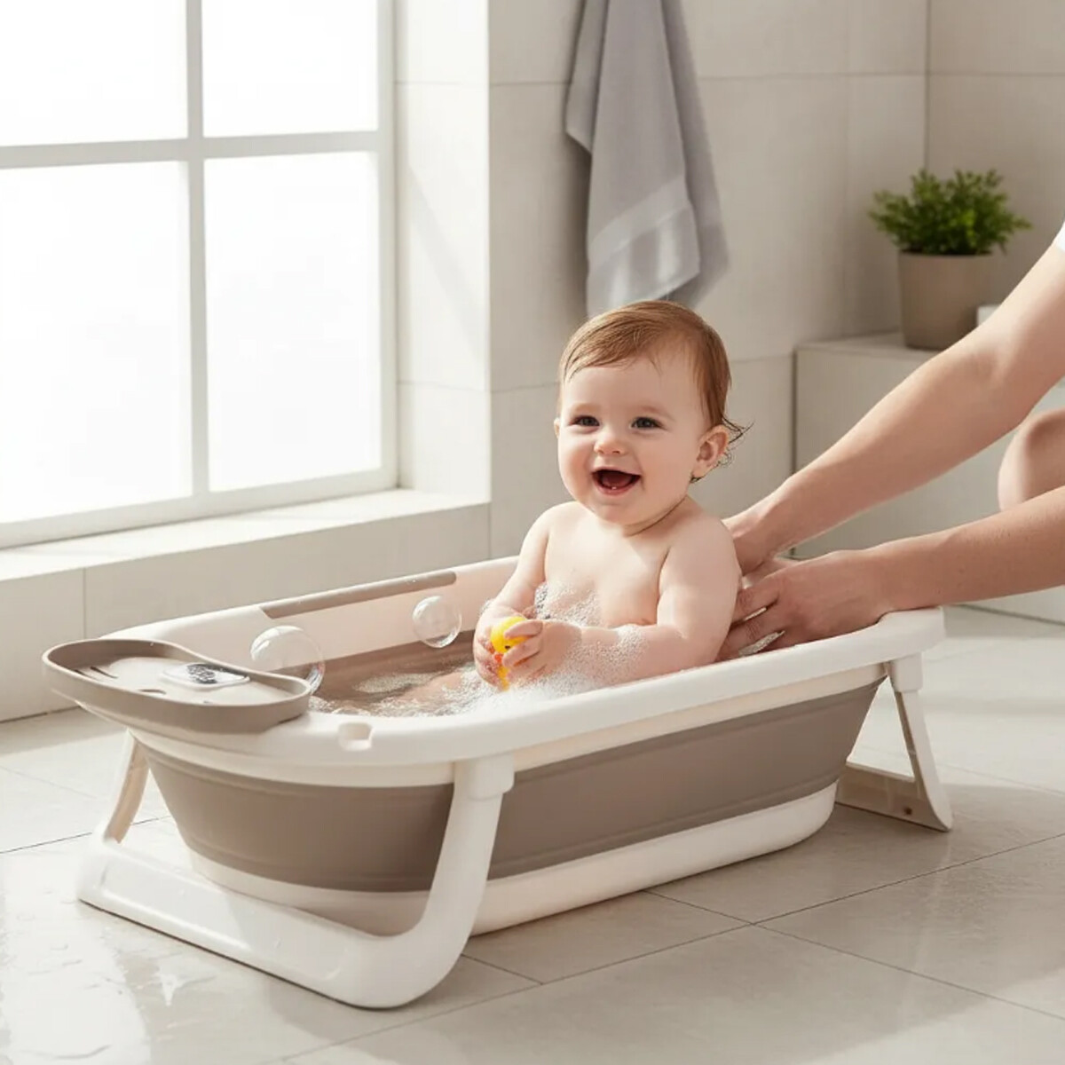 Bañito Para Bebé Plegable Con Termómetro - Marrón 