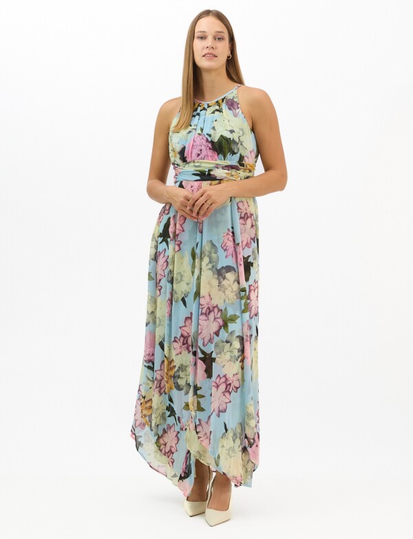 Vestido Largo Estampado Floral Con Cuello CELESTE/MULTI