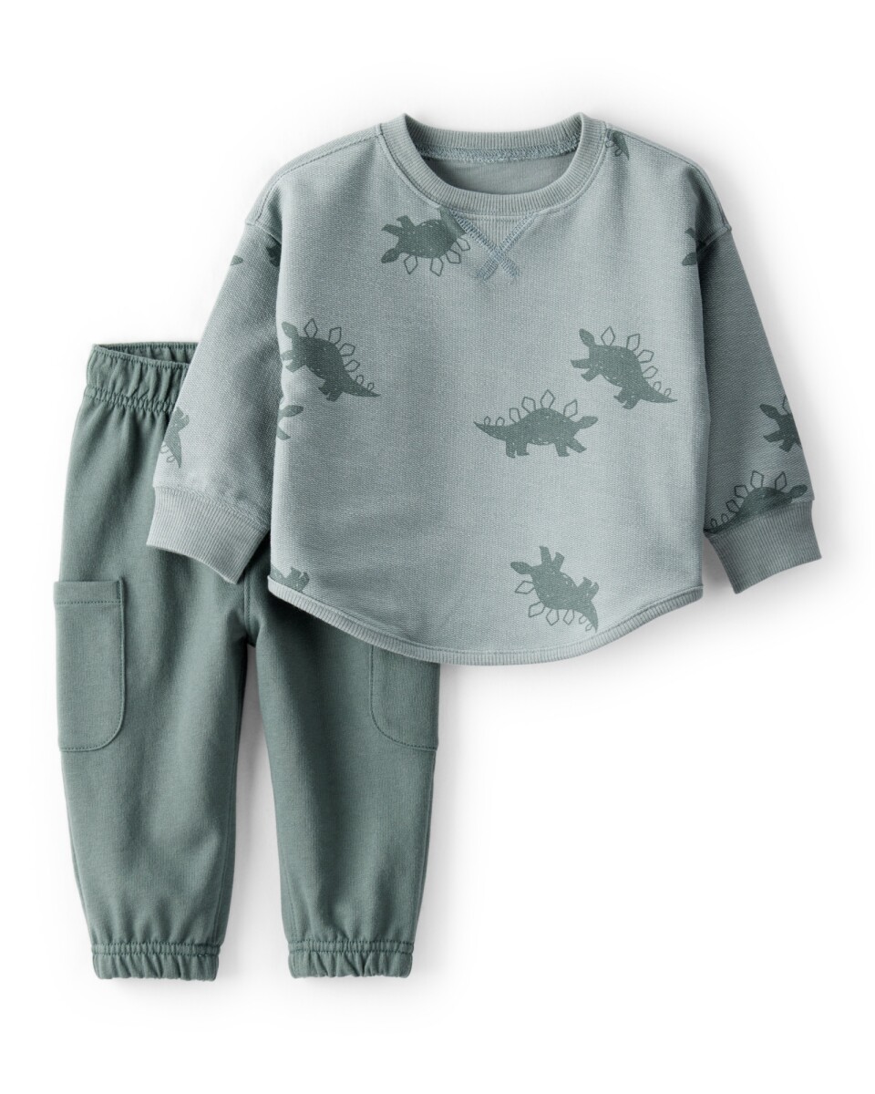 Set dos piezas de algodón, pantalón y buzo, verde, diseño dinos 